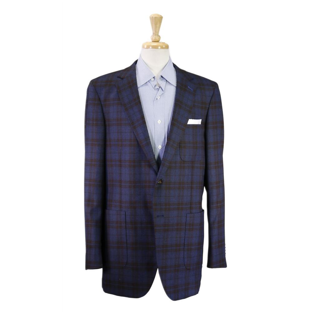 Peter Millar Blue Brown Plaid Wool Patch Pocket 2-Btn Sportcoat Blazer Large 42L